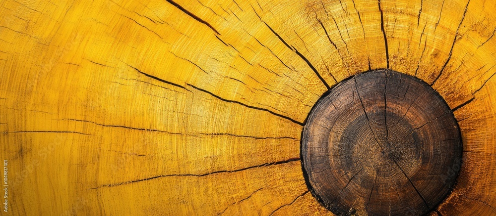 Poster top view shot of a large yellow tree cross section showing annual rings and cracks in the wood stump