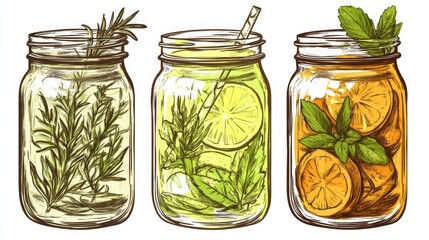 Fresh Herb and Citrus Beverages in Mason Jars