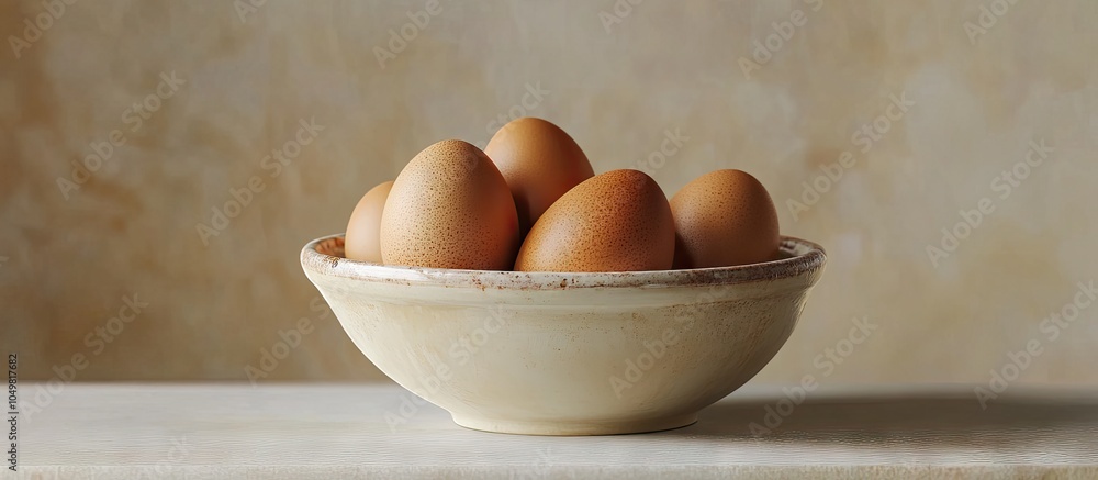 Poster brown organic eggs in a ceramic container. with copy space image. place for adding text or design