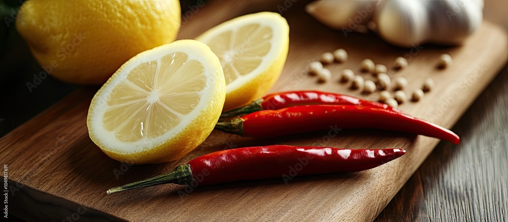 Leinwandbilder red chili pepper lemon slices and garlic on a brown cutting board. with copy space image. place for 