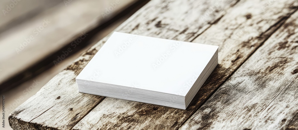 Poster mockup of a stack of blank white business cards on a vintage wooden table background. with copy spac