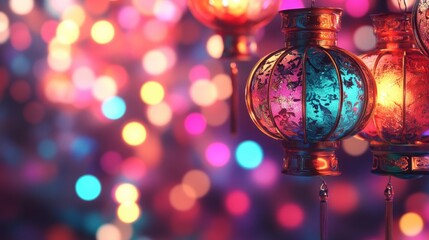 Fototapeta premium Vibrant Lantern Lights Against Bokeh Background