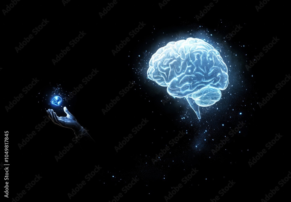 Poster artificial intelligence and human brain merge. close-up ai robot holds ai brain with open hand. arti