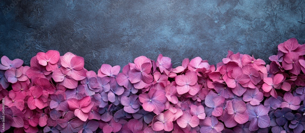 Aufkleber artistic image featuring pink and purple hydrangea flowers against an ink background top view with c