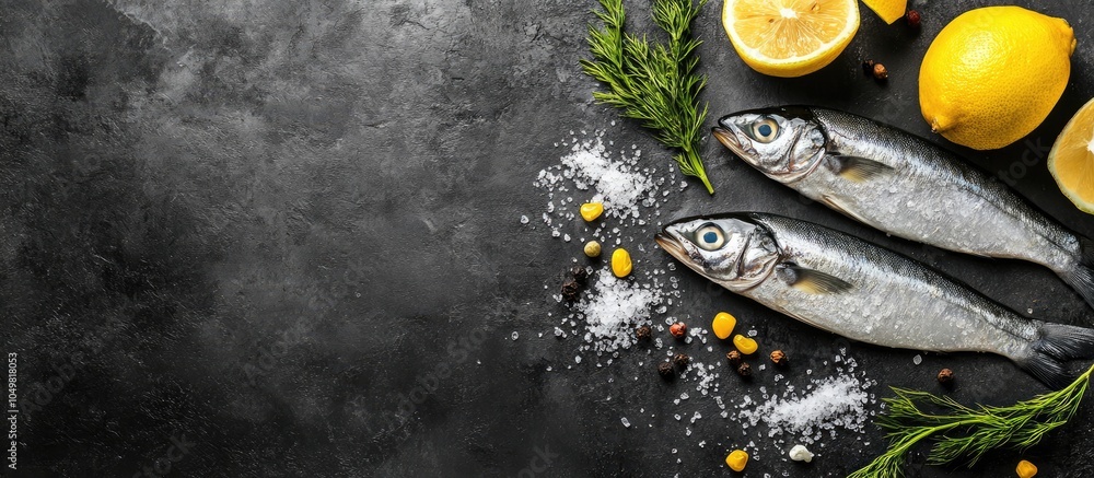Poster Herring salted fish seafood menu concept with serving size Food background from above with copy space for text suitable for organic healthy eating keto or paleo diets and pescetarian raw options