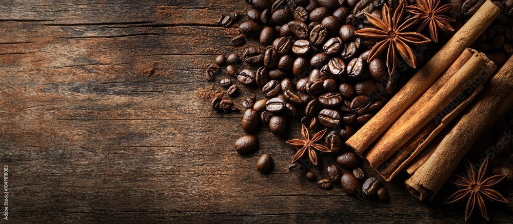 Aufkleber A stack of coffee beans star anise and cinnamon sticks on a rustic wooden table Top view. with copy space image. Place for adding text or design