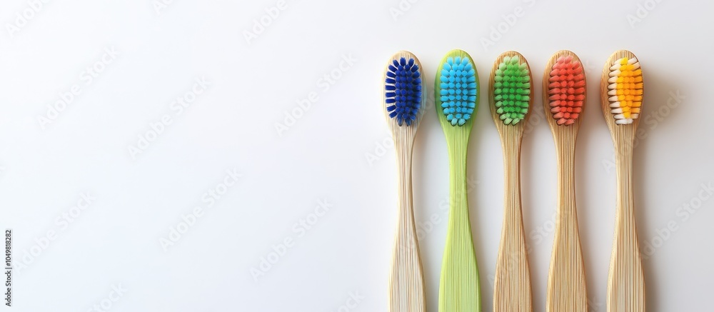 Poster Bamboo toothbrushes set against a white background with colored bristles. with copy space image. Place for adding text or design