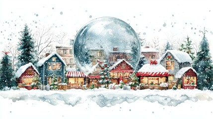 Enchanting snow globe featuring a festive market with tiny holiday stalls and snowy scenery