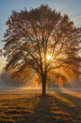 morning in the fall with the rays of the sun , beautiful fall painting