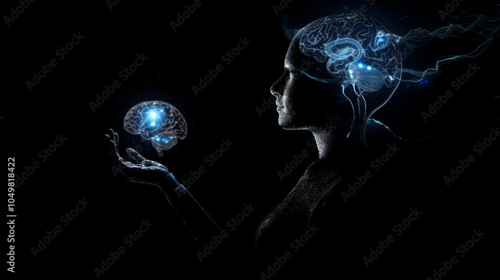 Poster artificial intelligence and human brain merge. close-up ai robot holds ai brain with open hand. arti