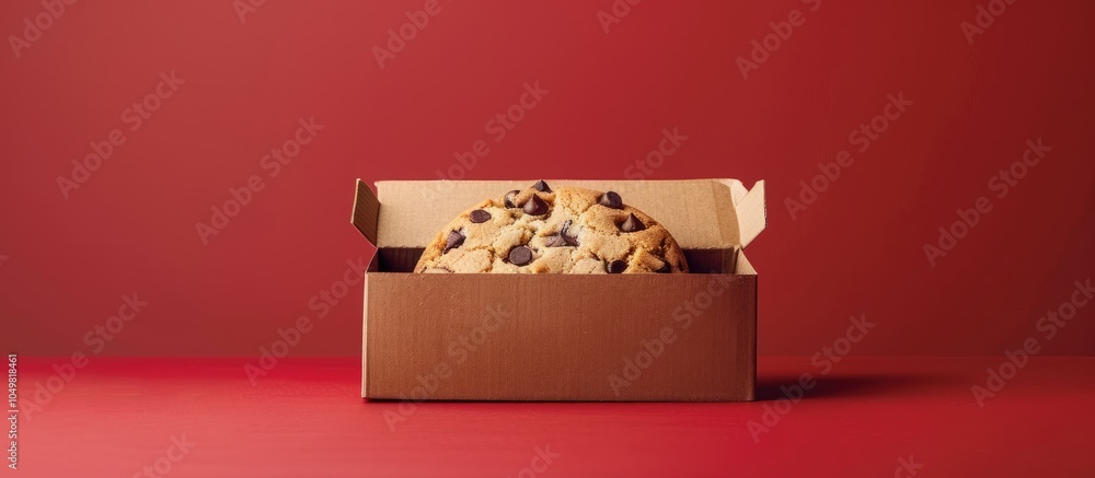 Fototapete Image of a cardboard box containing a cookie on a red background. with copy space image. Place for adding text or design