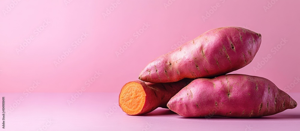 Aufkleber Fresh sweet potatoes on a colorful background. with copy space image. Place for adding text or design