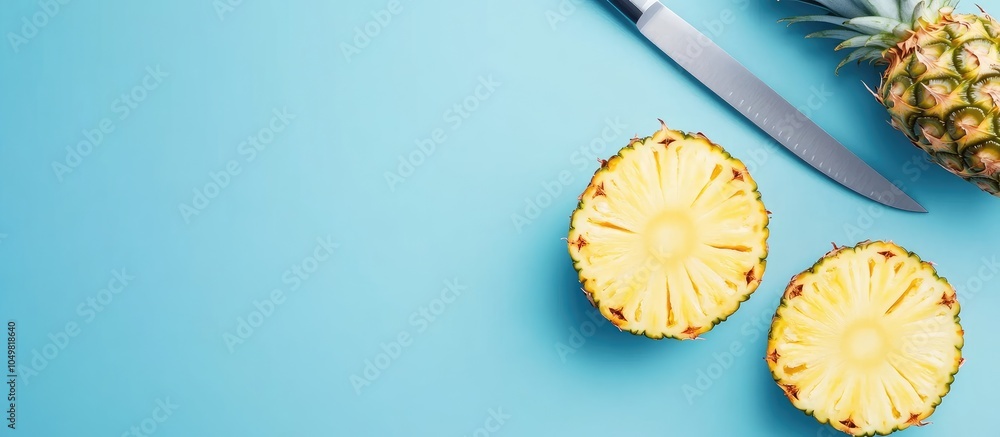 Aufkleber Pineapple sliced with a knife on a blue backdrop Vertical image Copy space for design Summer food concept