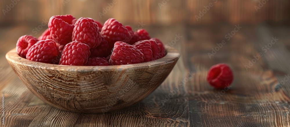 Poster raspberries in a wooden dish raspberries on a wooden surface. with copy space image. place for addin