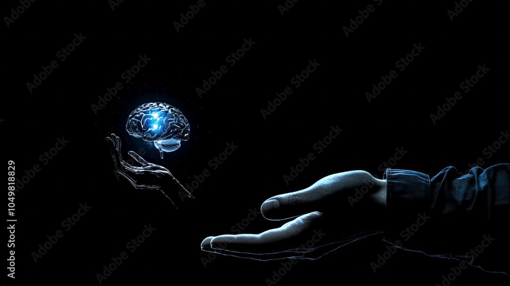 Poster artificial intelligence and human brain merge. close-up ai robot holds ai brain with open hand. arti