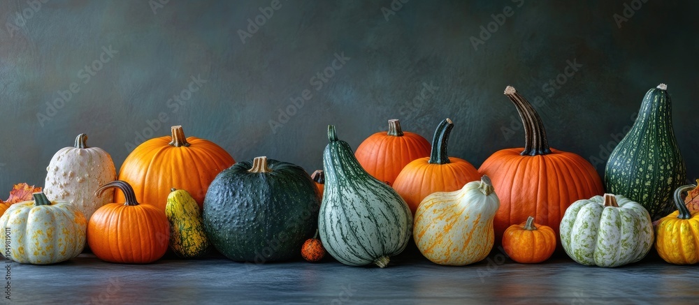 Poster a variety of decorative pumpkins an autumn arrangement of different types of squash on a table copy 