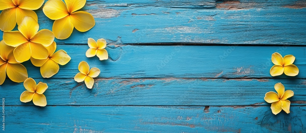 Poster yellow flowers against a blue wooden background. with copy space image. place for adding text or des