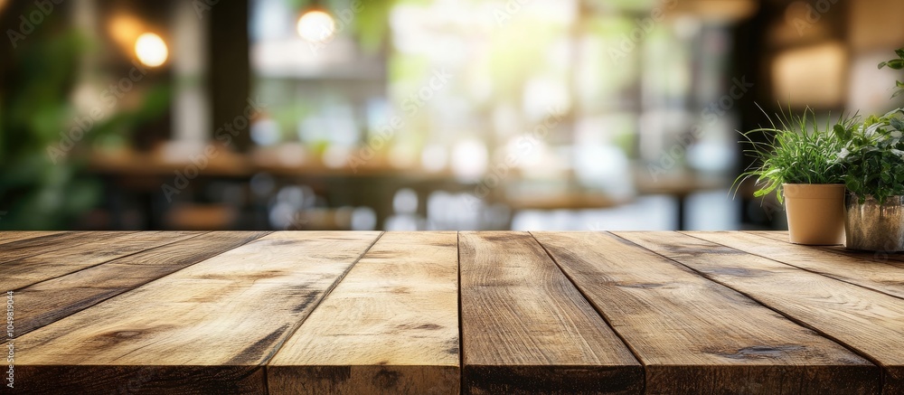 Aufkleber Wooden table with a blurred background in a cafe or coffee shop featuring a bokeh effect suitable for displaying or showcasing your products. with copy space image. Place for adding text or design