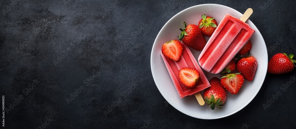 Poster strawberry ice cream popsicles on a white plate against a dark background with copy space fresh stra