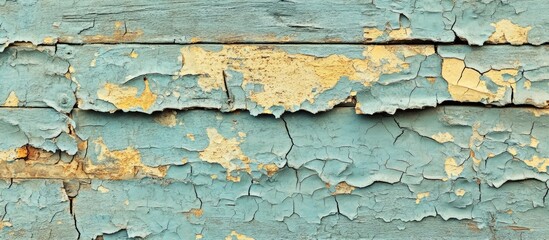 Obraz premium Vintage painted wooden background texture featuring a weathered rustic wall with peeling paint Available space for copy in old wood texture Cracked paint with numerous small fissures creating an ab