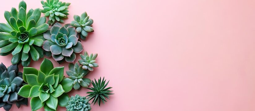 Succulent mini plants including gasteria echeveria senecio pachyphytum and haworthia on a pink background viewed from above with copyspace home gardening concept