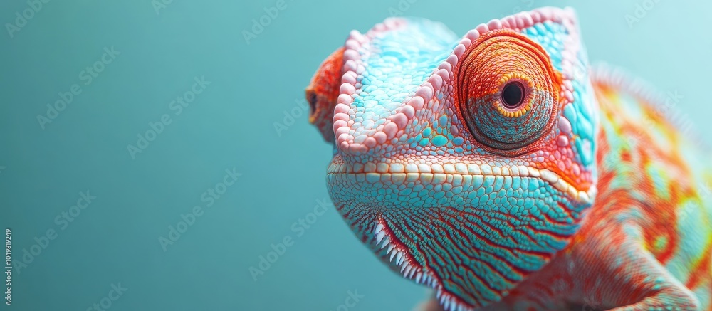 Leinwandbilder Close up of a vibrant colorful chameleon gazing at the camera. with copy space image. Place for adding text or design