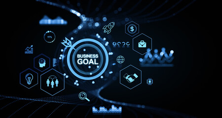 Business goal icons virtual hud screen, strategy and target audience