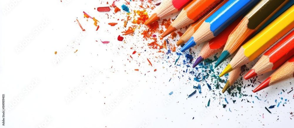Poster a collection of colored pencils and shavings on a white background with copy space instagram image s
