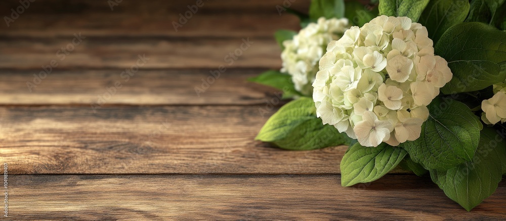 Poster hydrangea macrophylla hortensia flower on a wooden table with copyspace