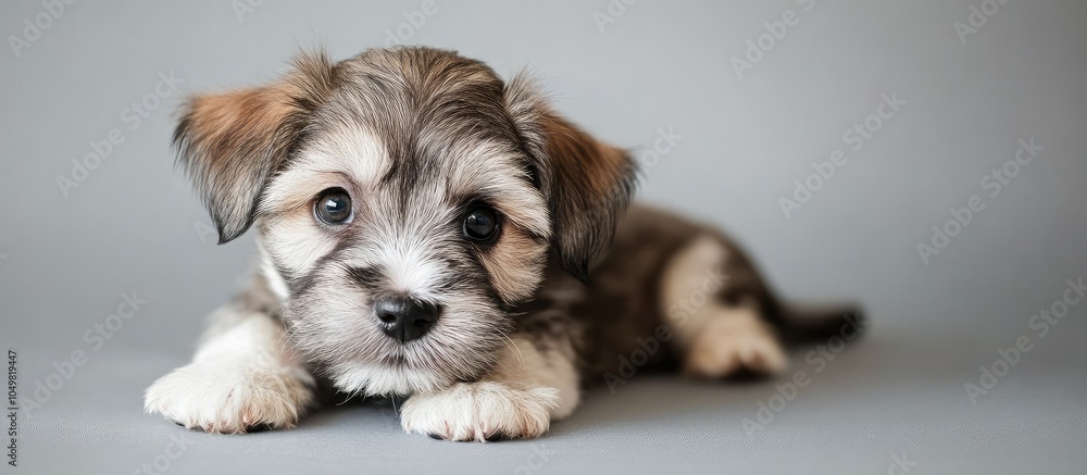 Poster White gray brown puppy in a studio setting. with copy space image. Place for adding text or design