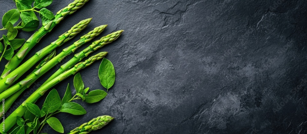 Fototapete fresh green asparagus on a black slate background. with copy space image. place for adding text or d