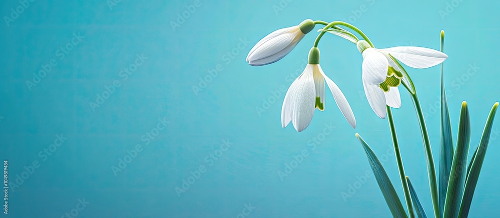 Poster snowdrop on a blue background. with copy space image. place for adding text or design