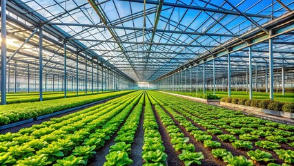 An illustrated modern greenhouse showcasing rows of indoor plants, highlighting sustainable agricultural practices that promote environmental stewardship and innovation in growing techniques.