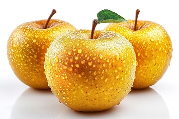 Three apples with a green leaf on top