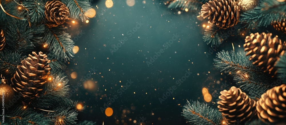 Poster Christmas invitation frame featuring empty copyspace for text with a New Year theme and Christmas cones