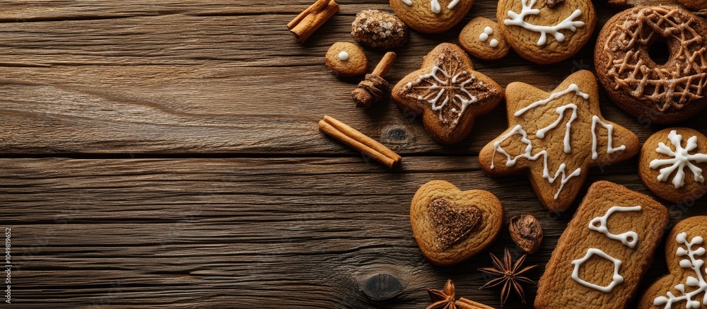 Poster variety of homemade christmas cookies arranged on a wooden surface close up view with copy space for