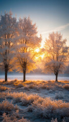 Fototapeta premium winter landscape in the morning , frost on the trees in the morning in the forest , sun rays in the frosty morning ,