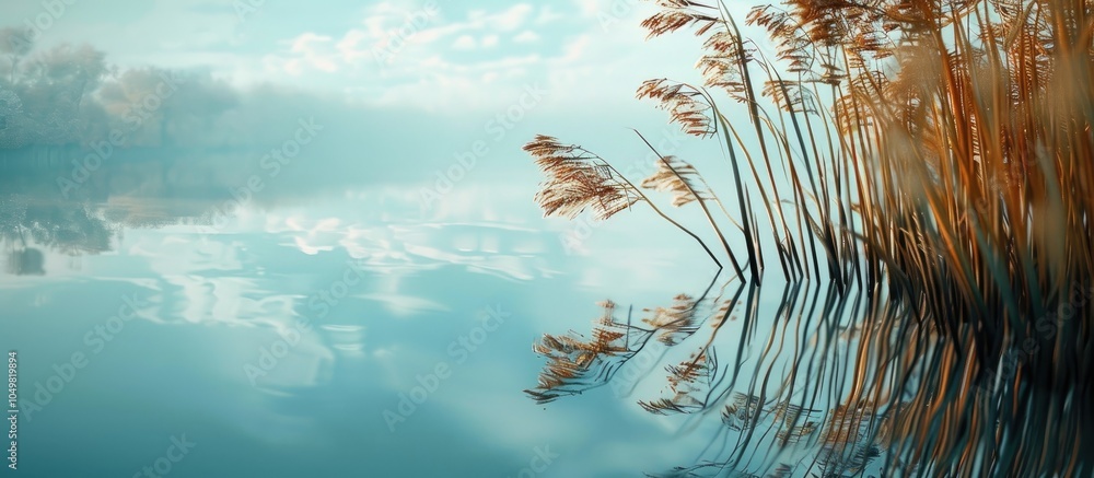 Poster Reflection of reeds in the still water of a canal. with copy space image. Place for adding text or design