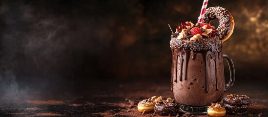 Indulgent chocolate frosting extreme milkshake topped with a donut and sweets Crazy freakshake food trend Copyspace