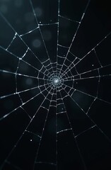 Obraz premium Close-up of a spider web with dewdrops on a dark background