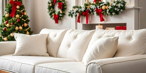 A cozy living room with a white sofa decorated with Christmas-themed pillows, a Christmas tree in the background