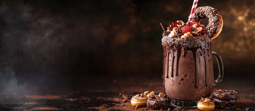 Indulgent chocolate frosting extreme milkshake topped with a donut and sweets Crazy freakshake food trend Copyspace