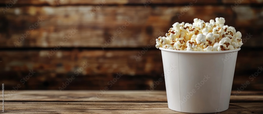 Poster White bucket filled with popcorn on a wooden surface. with copy space image. Place for adding text or design