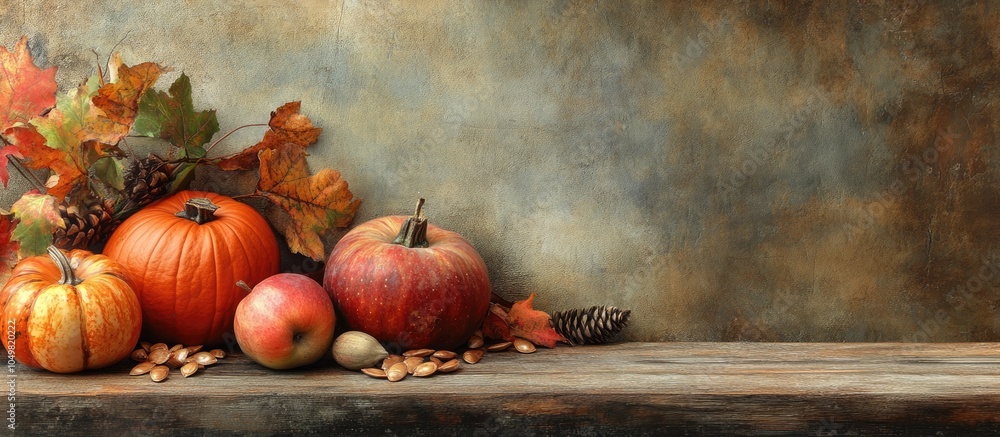 Poster thanksgiving decorations featuring pumpkins apples and squash seeds on the left side of a rustic woo