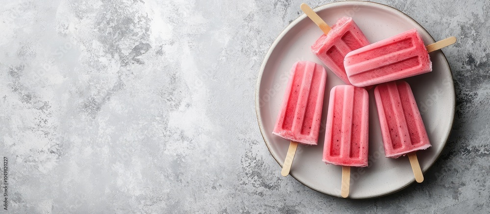 Aufkleber Homemade yogurt popsicles on sticks presented on a plate top view flat lay with blank space for a caption Perfect colors capturing a summer vibe. with copy space image