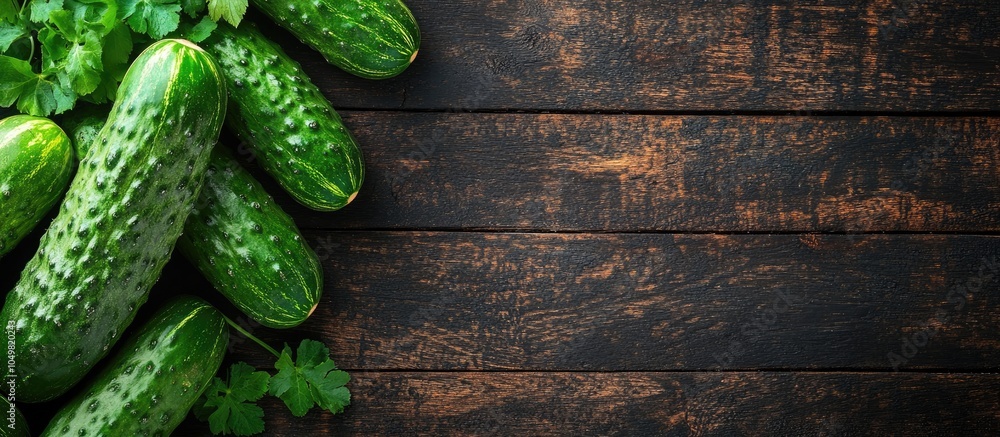 Poster fresh cucumbers on a dark wooden tabletop. with copy space image. place for adding text or design