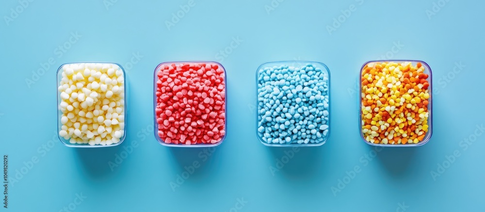 Leinwandbilder colorful sugar sprinkles packaged on a blue background top view of dessert toppings. with copy space