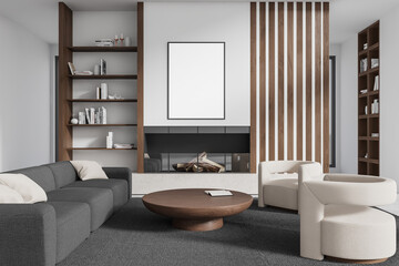 Blank poster mockup in modern living room with wooden accents. 3D Rendering