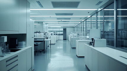 Fototapeta premium Empty laboratory with white lab benches, equipment, and a long hallway in the background.