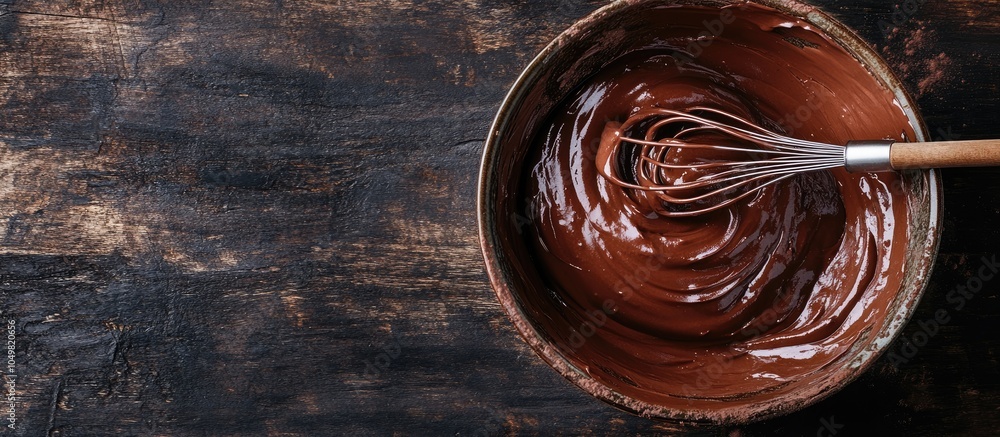 Aufkleber homemade delicious chocolate cream in a bowl with a whisk on a dark wooden surface selective focus c